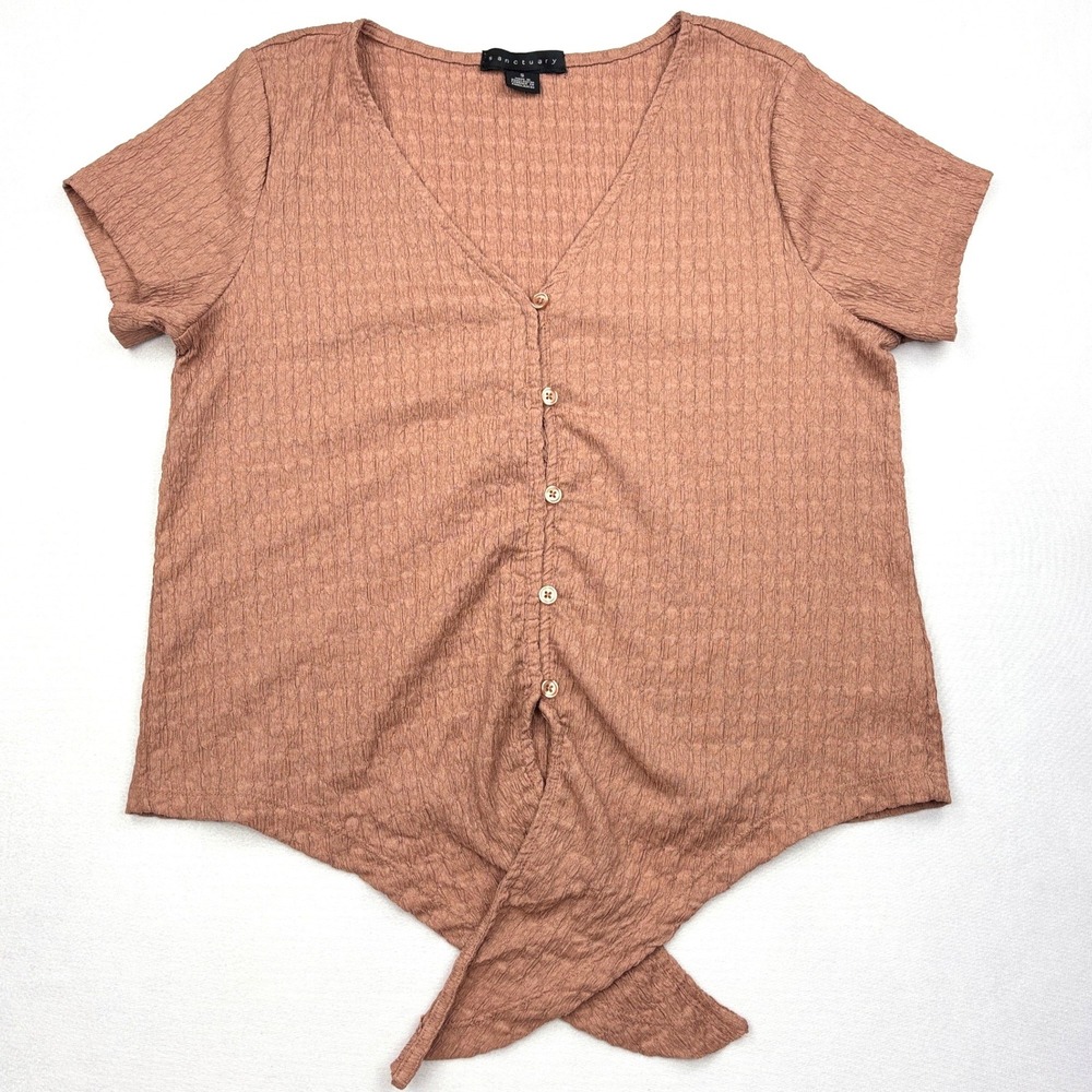 Sanctuary Blouse Womens Small Pink Textured Button Front Tie Hem Short Sleeve S